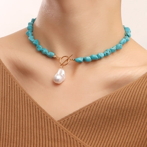 Irregular turquoise beads necklace with baroque pearl pendant and golden OT toggle clasp