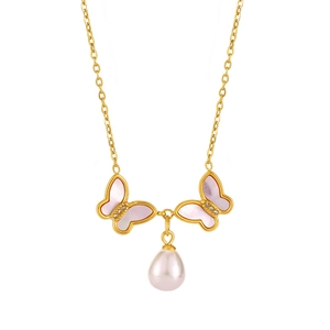Collier doré élégant avec papillons en nacre rose et un pendentif perle d'eau