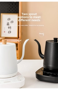 Close-up of smart gooseneck electric kettle with temperature control touch base for coffee