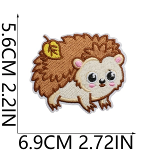 Detailed view of hedgehog embroidery patch with 5.6cm by 6.9cm size measurements