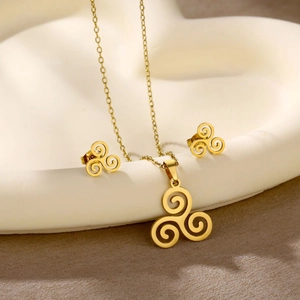 Detailed view of golden Celtic knot jewelry set including necklace and earrings on tray