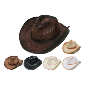 Western Cowboy Straw Hat Gradient Color Wide Brim Summer Beach Sun Protection Fedora With Windproof Rope For Men Women