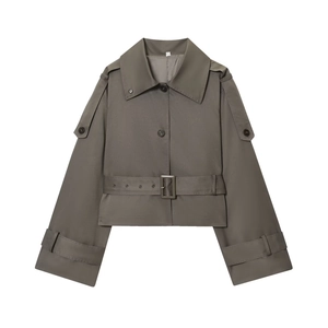 Women Short Trench Coat Jacket Big Lapel Polyester Twill Casual Fashion Elegant Outerwear With Belt And Epaulets