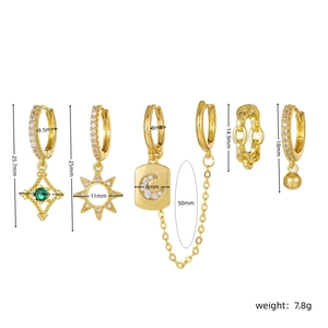 Detailed size guide for gold moon and star earring set with cubic zirconia and emeralds