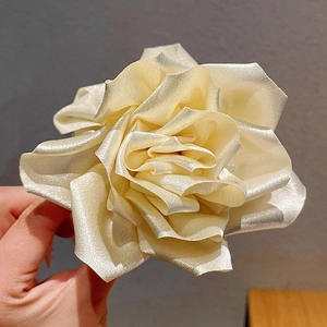 Gros plan sur la pince à cheveux rose en satin champagne montrant les détails soyeux