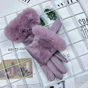 Women's purple suede thermal gloves with plush faux fur cuffs for winter riding