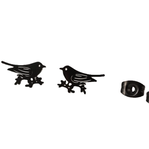 Minimalist matte black bird stud earrings set with butterfly backings on white background