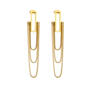 Layered gold tassel earrings with geometric rectangular studs in polished titanium steel