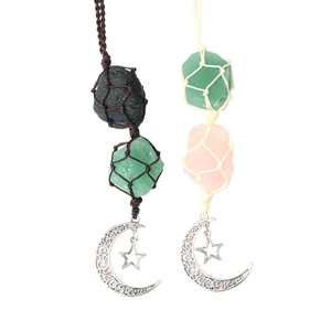 Handmade amethyst and quartz crystal car charms with woven rope and moon star pendants