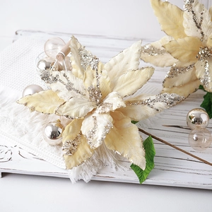 40cm cream velvet artificial Poinsettia Christmas flower with silver glitter finish