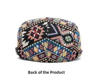 Close-up of ethnic jacquard pattern and adjustable metal buckle on the back of the cap