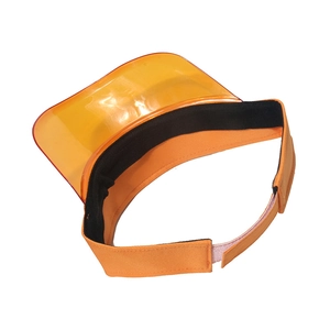 Detail of orange transparent TPU sun visor showing durable fabric band and adjustable strap