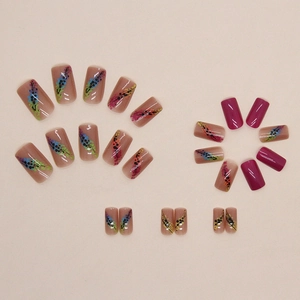 Medium square press-on nails with purple gradients and rainbow feather art patterns