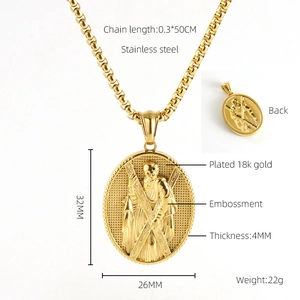 Detail of 18K gold-plated stainless steel oval saint pendant necklace with specifications