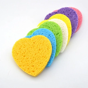 Colorful heart-shaped wood pulp sponge set for gentle facial cleansing and makeup removal