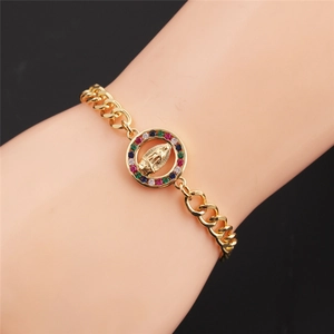 Gold plated Cuban chain bracelet featuring a colorful gemstone Virgin Mary medal charm
