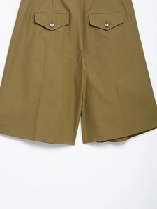 Detail view of khaki cargo shorts with back flap pockets and dark button closures