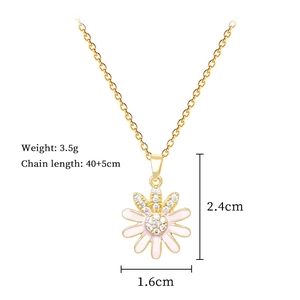 Detailed size specifications for a gold sunflower necklace with pink enamel and crystals