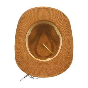 Vue intérieure du chapeau de paille avec bandeau de sudation et cordon de serrage réglable