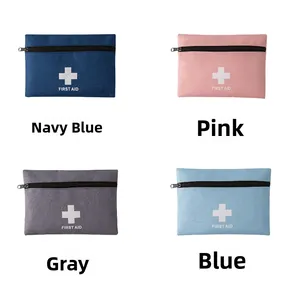 Portable first aid kits in navy blue, pink, grey, and blue colors with zip closure
