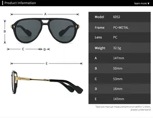 Detailed size chart for retro pilot sunglasses with frame and lens measurements