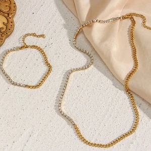 18k gold plated stainless steel Cuban chain set with sparkling zircon crystal inlays