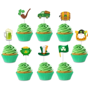 Detailed view of Saint Patrick's Day themed cupcake toppers with green clover designs
