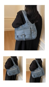 Three-way view of blue PU leather tote bag with adjustable straps and multi-pockets