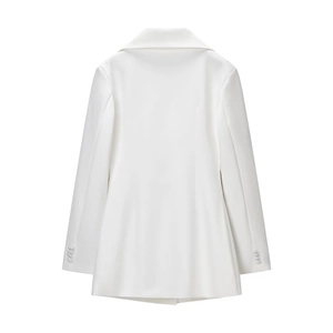 Back view of a white deep V-neck dress featuring tailored waist and four-button cuffs