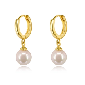 Detailed macro view of high-polish gold hoop earrings with lustrous round white pearl charms