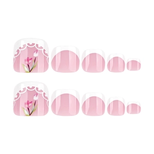 Pink and white French press-on toe nails set featuring elegant tulip flower designs