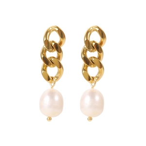 Golden Cuban chain earrings with baroque pearl pendants on a clean white background