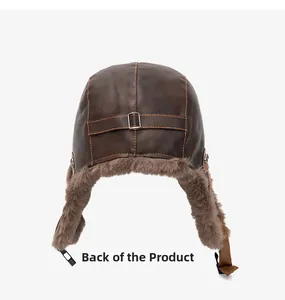 Rear view of brown PU leather aviator hat with plush lining and adjustable metal buckle