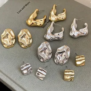 Irregular Lava Metal Texture Stud Earrings With Silver Earring Post Geometric Square Oval Liquid Style For Women