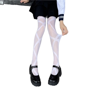 White sheer tights with geometric cross ribbons pattern paired with Mary Jane shoes