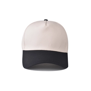 Front detail of beige cotton baseball cap with black brim and parallel stitching