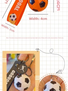 Detail view of soccer ball keychains with GOAL silicone straps and size markings