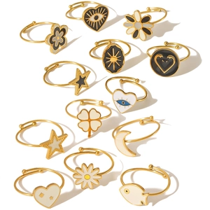 Bohemian adjustable gold-plated rings set with enamel clover, star and heart motifs