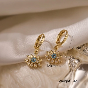 Detailed view of 18k gold plated evil eye earrings with zircon inlay and dimensions