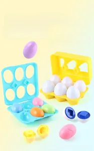 Close-up of colorful educational eggs with geometric shapes in a yellow storage basket