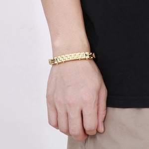 Men's gold titanium steel curb chain bracelet with watch band style link design