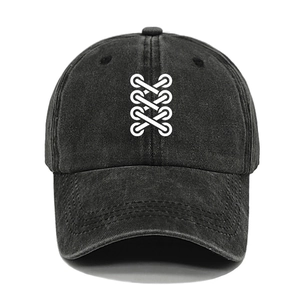 Classic washed black cotton baseball cap with a minimalist white cross-lace pattern