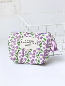 Cute purple floral quilted coin purse with tassel zipper for portable small storage