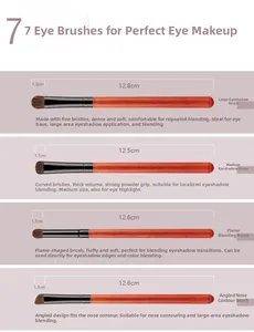 Detailed size specifications for 7-piece horse hair eyeshadow brush set with dimensions