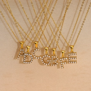 18K gold plated stainless steel letter necklaces with white pearls for women
