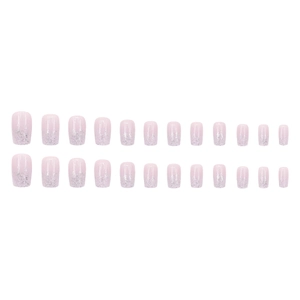 Pink gradient press-on nails with silver glitter sparkles in short square round shape