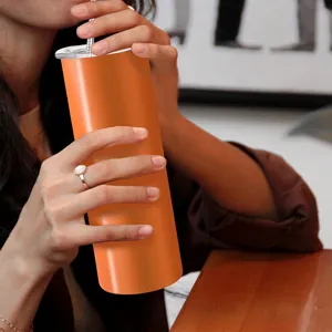20oz orange slim sublimation tumbler with stainless steel straw and clear lid
