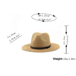 Detailed dimensions of straw fedora hat featuring 58cm head girth and 7cm brim width