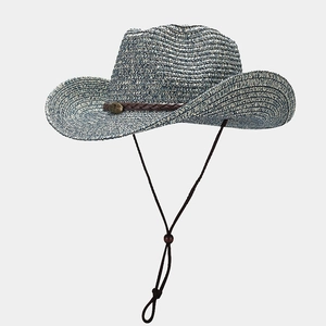 Gray-blue woven straw cowboy hat with brown leather band and adjustable chin strap