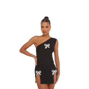 Sleeveless black one-shoulder mini dress with rhinestone bows and side slit detail